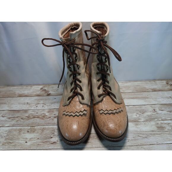 VTG Larry Mahan Tan Tooled Leather Lace Up Western Boots 9 M Kiltie Boots - Picture 5 of 9
